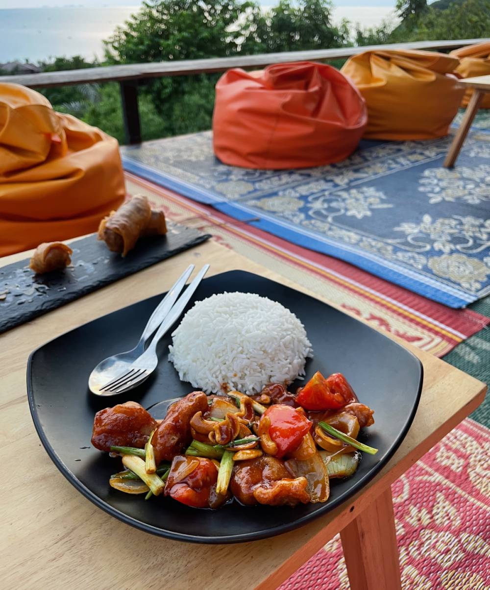 A popular Thai dish called chicken cashew nut with rice in Koh Phangan 