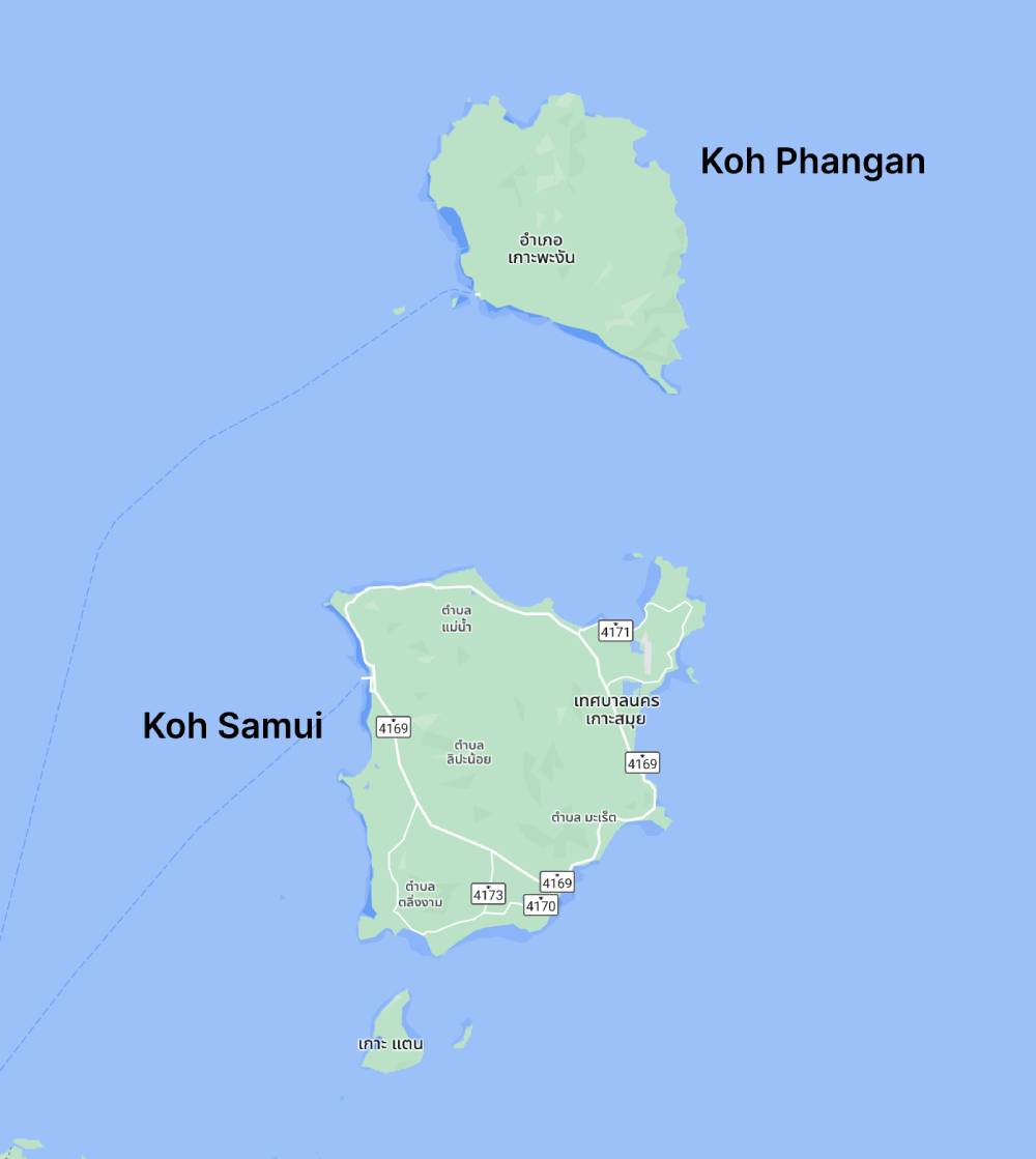 Map of Koh Samui and Koh Phangan islands in Thailand
